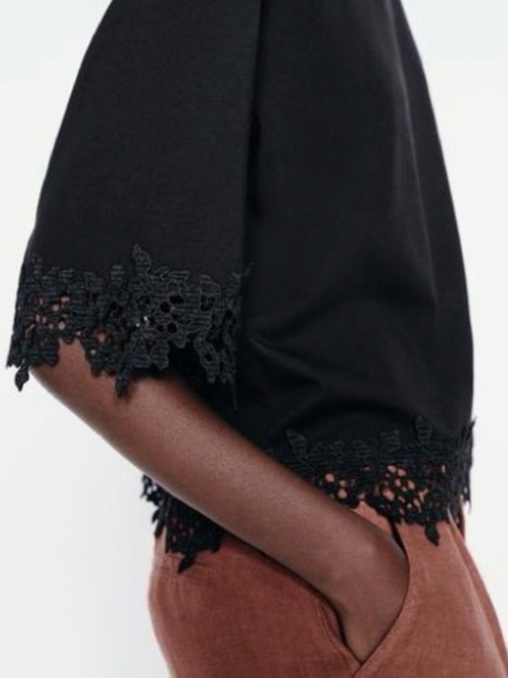 Zara Black Lace Trim Blouse Sz XL Cotton Short Sleeve Boxy Witchy NWT Minimalist - Picture 4 of 16